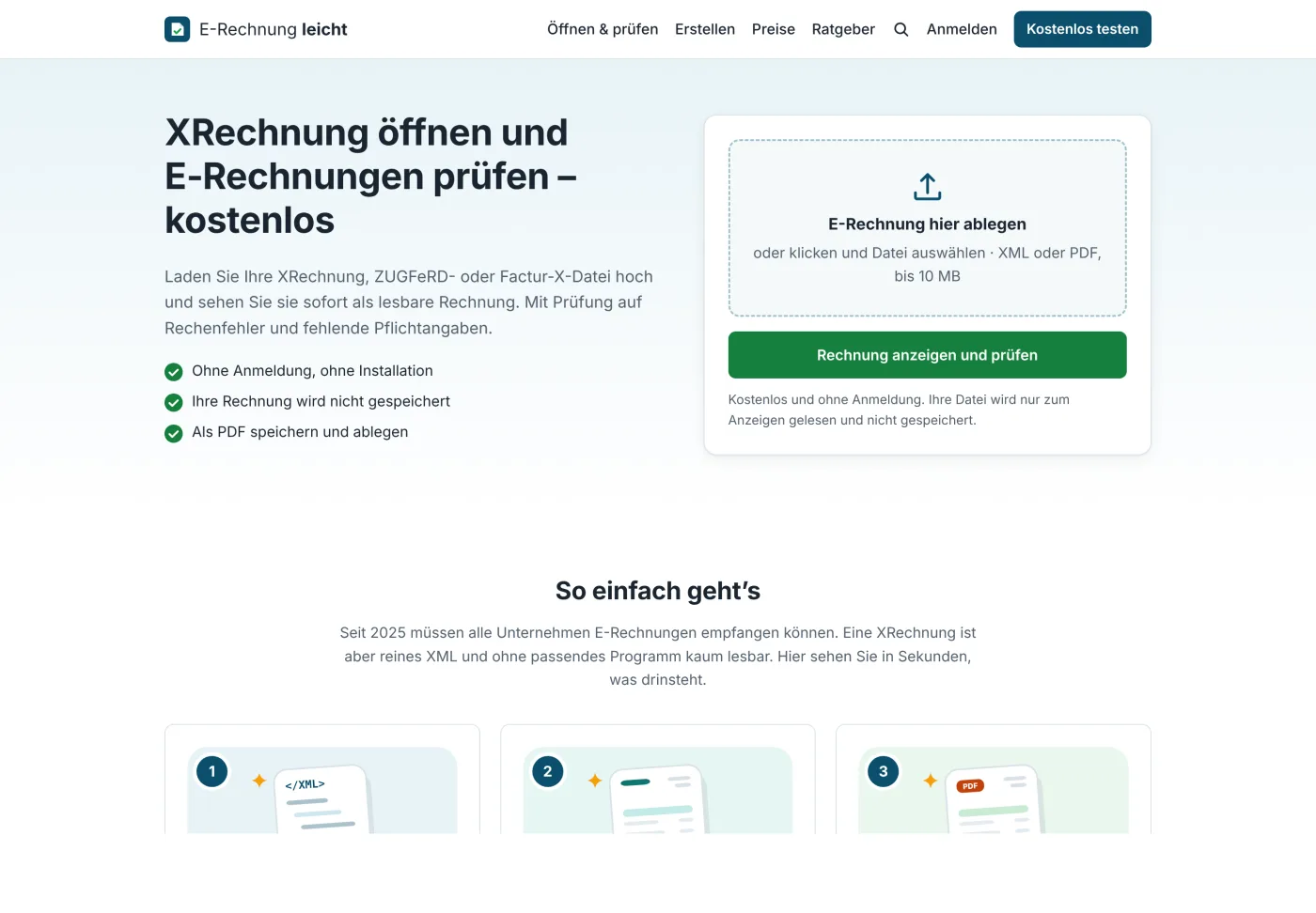 Startseite von erechnung-leicht.de: Überschrift „XRechnung öffnen und E-Rechnungen prüfen – kostenlos“ neben einem Feld zum Ablegen der Rechnungsdatei und dem Knopf „Rechnung anzeigen und prüfen“.
