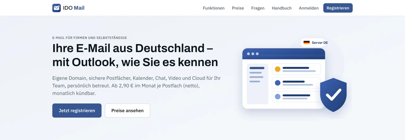 Kopfbereich von idoemail.de: Überschrift „Ihre E-Mail aus Deutschland – mit Outlook, wie Sie es kennen“, darunter „Eigene Domain, sichere Postfächer, Kalender, Chat, Video und Cloud für Ihr Team“ und der Einstiegspreis, daneben ein gezeichnetes Postfachfenster mit Schutzschild und der Marke „Server DE“.