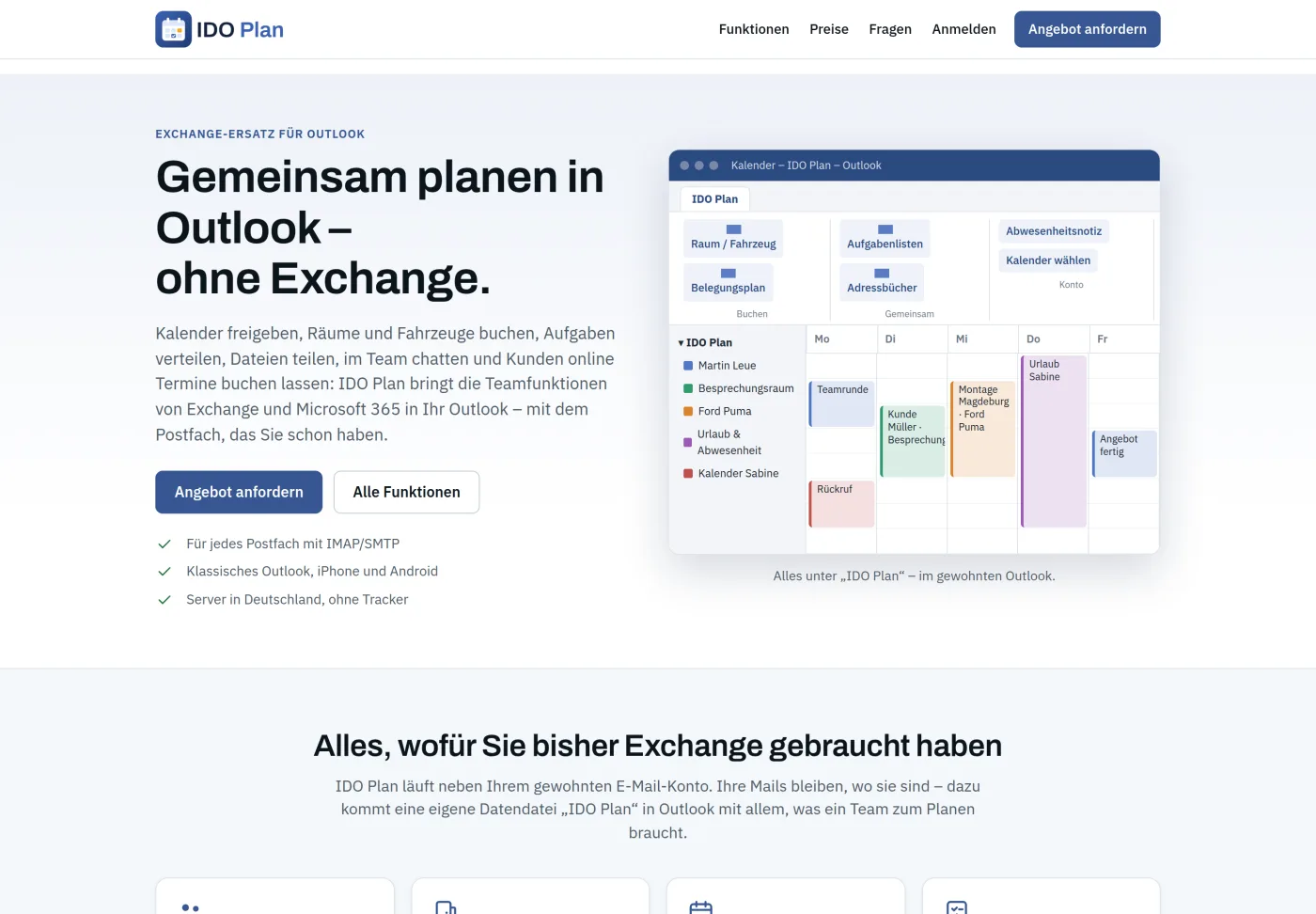 Startseite von idoplan.de: Überschrift „Gemeinsam planen in Outlook – ohne Exchange“ neben einem Outlook-Fenster mit der Leiste „IDO Plan“ und einer Wochenansicht, in der Termine, ein Besprechungsraum und ein Firmenwagen nebeneinander liegen.