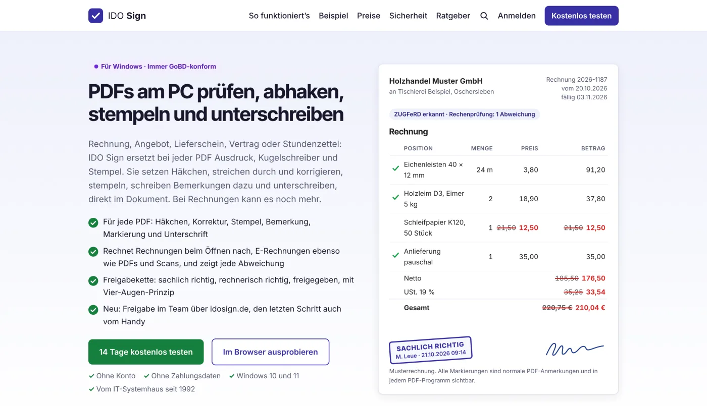 Startseite von idosign.de: Überschrift „PDFs am PC prüfen, abhaken, stempeln und unterschreiben“, daneben eine Musterrechnung mit grünen Häkchen, einer rot durchgestrichenen und korrigierten Position, dem Stempel „Sachlich richtig“ und einer Unterschrift.