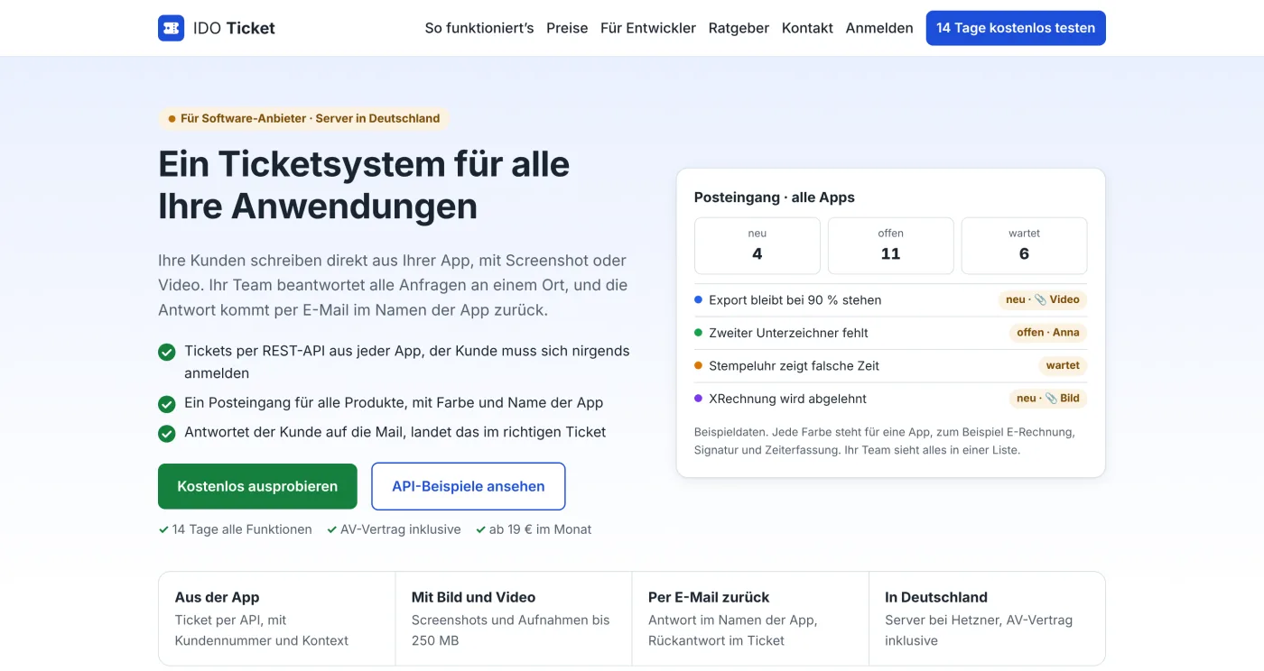 Startseite von idoticket.de: Überschrift „Ein Ticketsystem für alle Ihre Anwendungen“, daneben ein Beispiel-Posteingang mit den Zählern neu, offen und wartet und vier Tickets aus verschiedenen Anwendungen, jedes mit eigener Farbe.