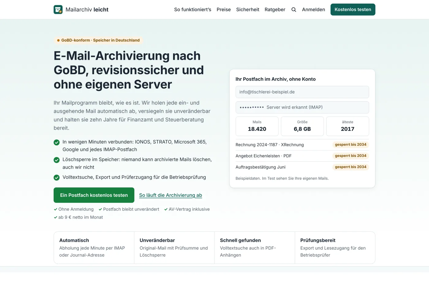 Startseite von mailarchiv-leicht.de: Überschrift „E-Mail-Archivierung nach GoBD, revisionssicher und ohne eigenen Server“ neben einem Archivfenster, in dem drei Mails mit dem Vermerk „gesperrt bis 2034“ stehen.
